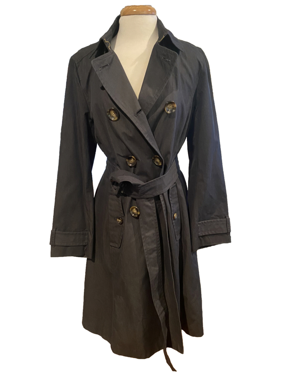 Banana Republic Large Gray Trench Coat Charcoal Tortoise Classy Jacket EUC